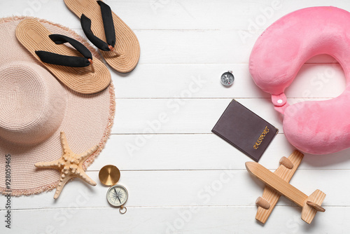 Travel pillow, passport and...