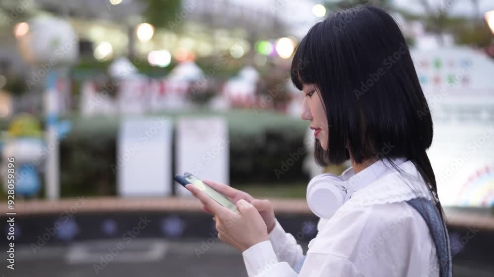 In Shilin District, Taipei City, Taiwanese woman in her twenties on date, standing and using smartphone during evening at amusement park in Taiwan. In Shilin District, Taipei City, Taiwanese woman in her twenties on date, standing and using smartphone during evening at amusement park in Taiwan.