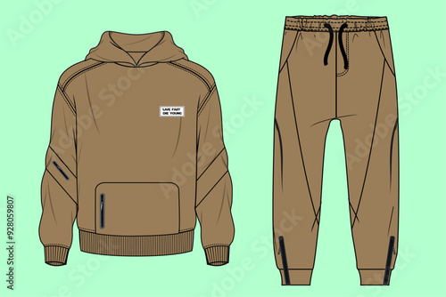 Boys winter terry fleece brown colour urban Hoodie and cuff jogger flat sketch outline vector fashion illustration template.