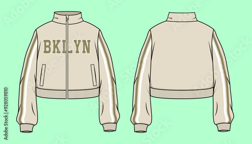 Women funnel neck zip through terry fleece crop sweatshirt flat sketch outline vector fashion illustration template. 