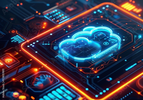 Futuristic Cloud Computing Concept with Neon Lights and Digital Interface for Modern Technology and Innovation