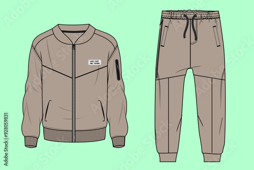 Boys and men's brown terry fleece winter urban bomber jacket and cuff jogger flat sketch outline vector fashion illustration template. 