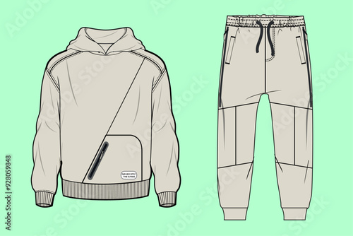 Boys and Men's winter terry fleece urban hoodie and cuff jogger tracksuit flat sketch outline vector fashion illustration template.
