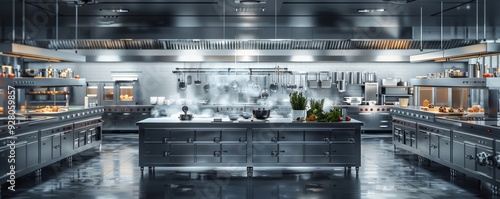 Modern Industrial Kitchen with Stainless Steel Appliances and Central Island in Professional Culinary Setting