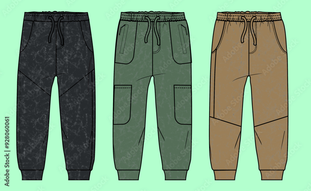Men's and Boys terry fleece acid wash black, green, and brown jogger flat sketch outline vector fashion illustration template. Men's and Boys terry fleece acid wash black, green, and brown jogger flat sketch outline vector fashion illustration template.