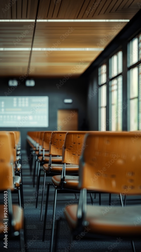Modern Conference Room with Rows of Orange Chairs and Large Windows in Contemporary Office Building Modern Conference Room with Rows of Orange Chairs and Large Windows in Contemporary Office Building