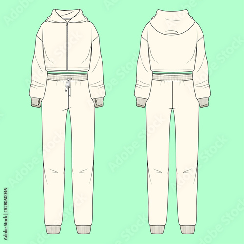Ladies drop shoulder zip through crop ecru colour terry fleece hoodie and cuff jogger tracksuit flat sketch outline vector fashion illustration template. 