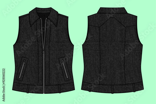 Ladies and girls black colour denim zip-through vest flat sketch outline vector fashion illustration template.