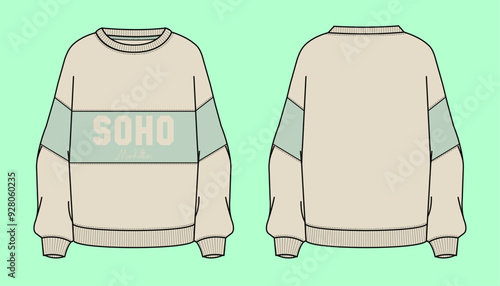 Ladies oversized drop shoulder crew neck SOHO Manhattan college varsity graphic winter sweatshirt flat sketch outline vector fashion illustration template.