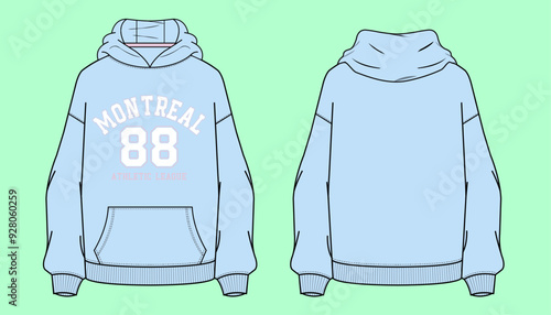 Varsity college graphic Montreal 88 athletic league Ladies oversized drop shoulder winter terry fleece light sky bule colour urban hoodie flat sketch outline vector fashion illustration template.