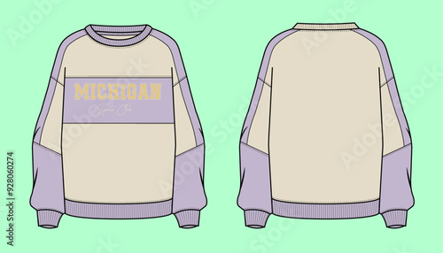Varsity college graphic Michigan Sports Club Ladies oversized drop shoulder winter terry fleece colour block crew neck urban sweatshirt flat sketch outline vector fashion illustration template.