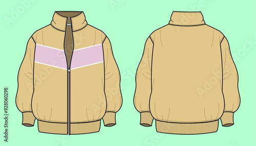 Ladies retro colour block drop shoulder winter terry fleece zip through funnel neck bomber jacket flat sketch outline vector fashion illustration template.