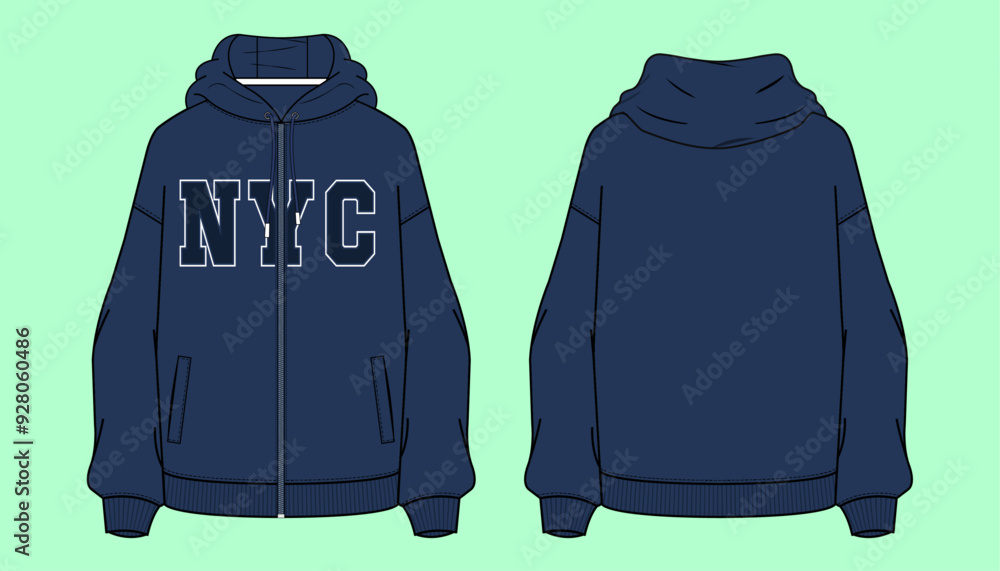Naklejka premium Varsity college graphic NYC Ladies oversized drop shoulder zip through winter navy colour terry fleece urban hoodie flat sketch outline vector fashion illustration template.