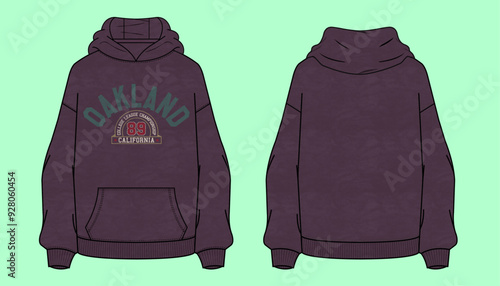  Varsity college league graphic Oakland California Ladies oversized drop shoulder acid wash winter terry fleece urban hoodie flat sketch outline vector fashion illustration template.