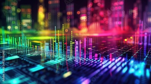 Neon Cityscape with Colorful Data Visualization