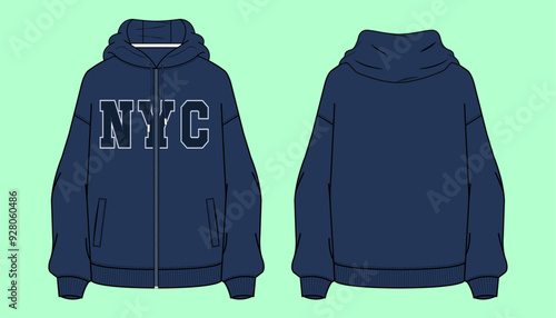Varsity college graphic NYC Ladies oversized drop shoulder zip through winter navy colour terry fleece urban hoodie flat sketch outline vector fashion illustration template.