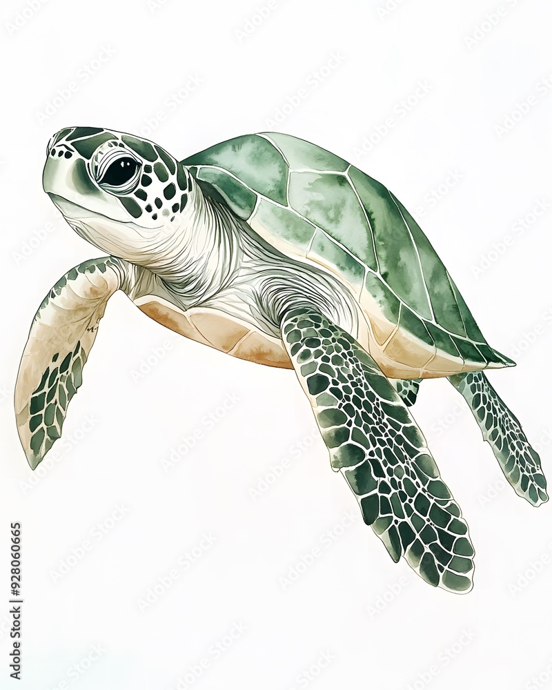 Obraz premium Cute watercolor sea turtle in soft green and beige colors for kids' rooms.