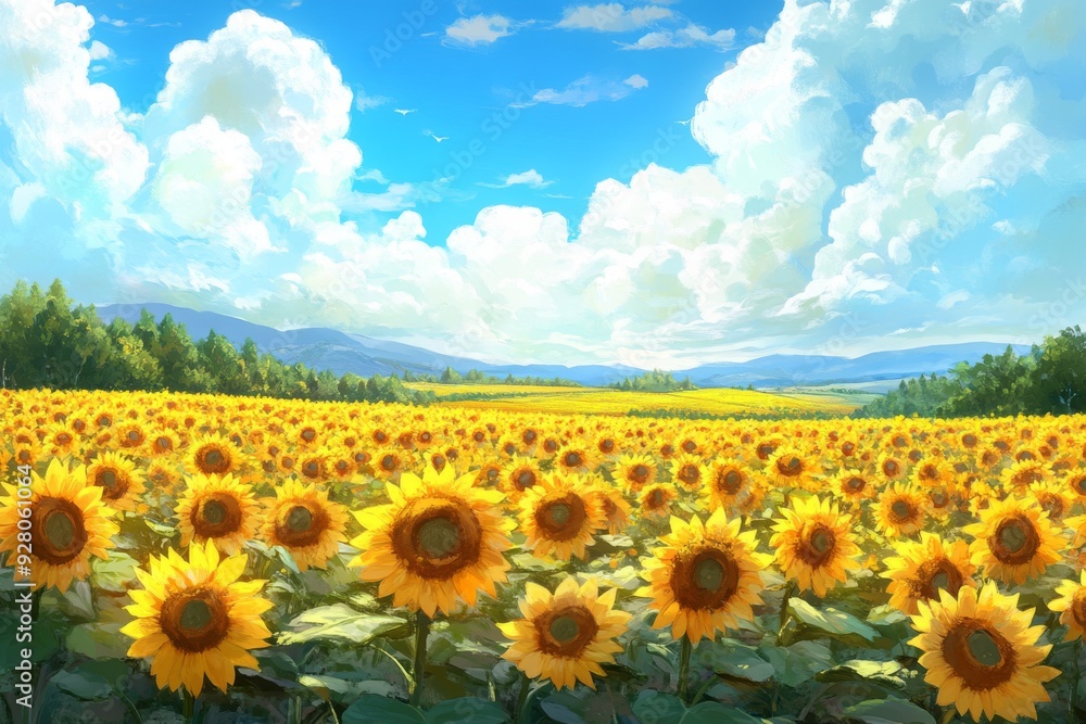 Obraz premium Sun-Kissed Enchantment: Anime-Style Sojourn Through a Golden Sunflower Field, Perfect for Seasonal Travel Posters and Summertime Wonder,anime-style,illustration,Picture BooksFor Poster,Novel,UI,WEB,Ga