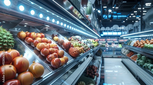 Modern Supermarket Produce Aisle with Fresh Fruits and Vegetables on Display Under Bright LED Lighting