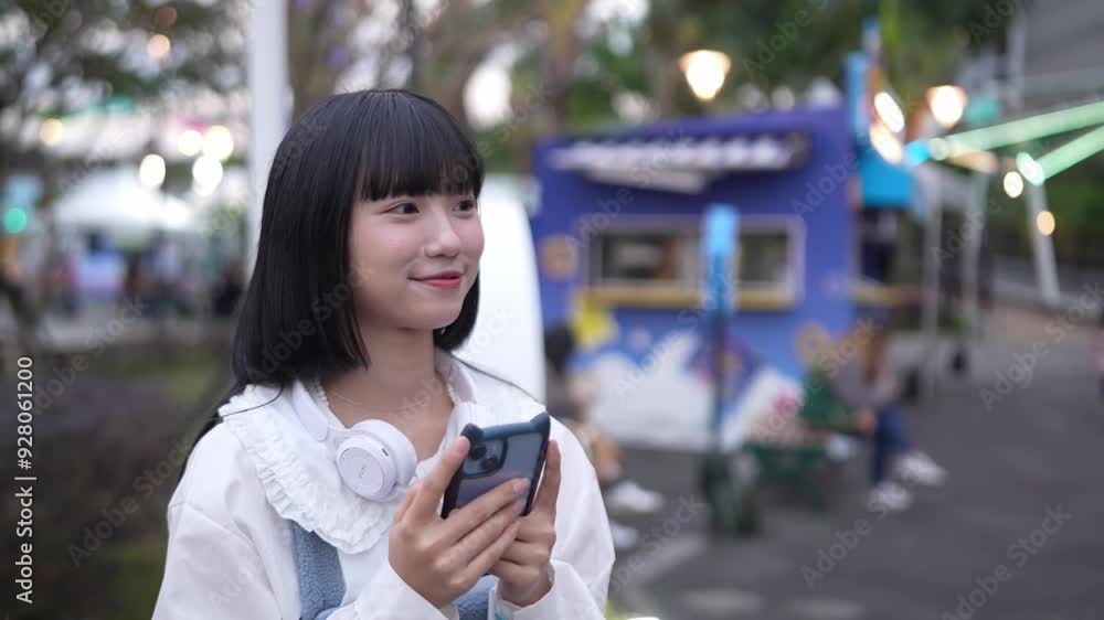 In Shilin District, Taipei City, Taiwanese woman in her twenties on date, standing and using smartphone during evening at amusement park in Taiwan. In Shilin District, Taipei City, Taiwanese woman in her twenties on date, standing and using smartphone during evening at amusement park in Taiwan.