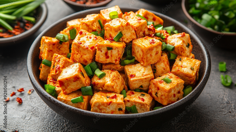 mapo tofu, showcasing the vibrant colors of the dish with a blank space on the side for text or design, inviting customization mapo tofu, showcasing the vibrant colors of the dish with a blank space on the side for text or design, inviting customization