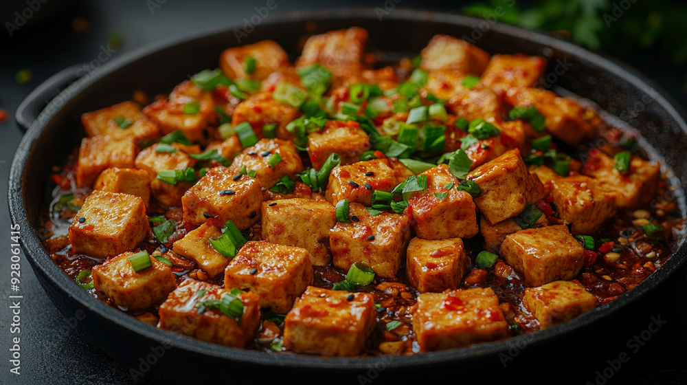 mapo tofu, showcasing the vibrant colors of the dish with a blank space on the side for text or design, inviting customization mapo tofu, showcasing the vibrant colors of the dish with a blank space on the side for text or design, inviting customization