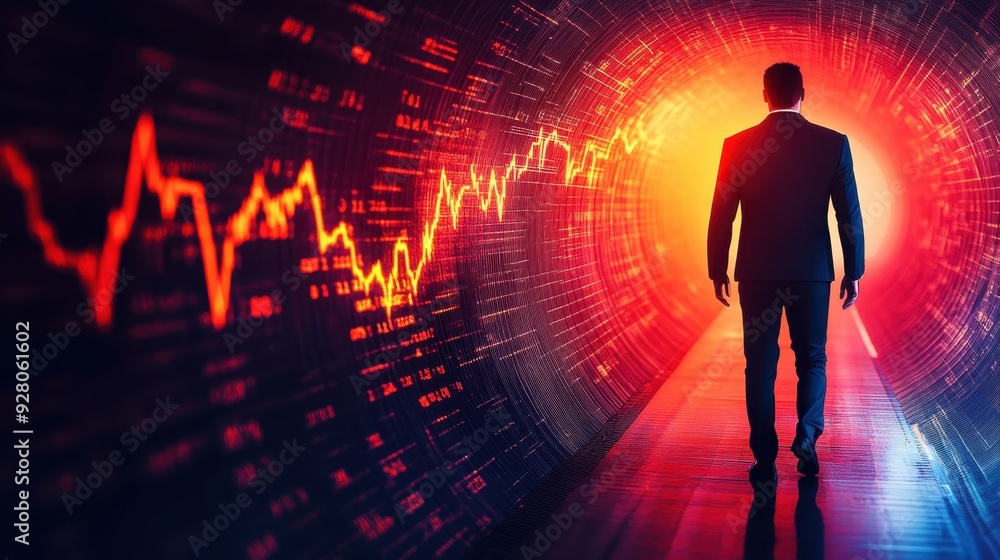 Fototapeta premium Brave Businessman Confronting Financial Crisis in Dark Tunnel - Stock Market Collapse Flat Design Illustration