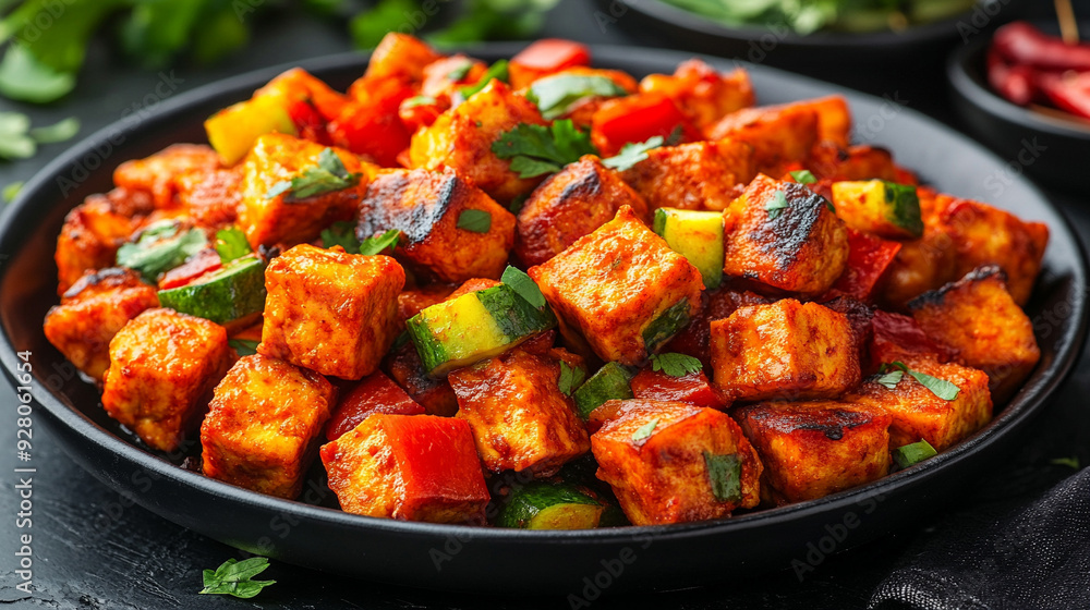 mapo tofu, showcasing the vibrant colors of the dish with a blank space on the side for text or design, inviting customization mapo tofu, showcasing the vibrant colors of the dish with a blank space on the side for text or design, inviting customization