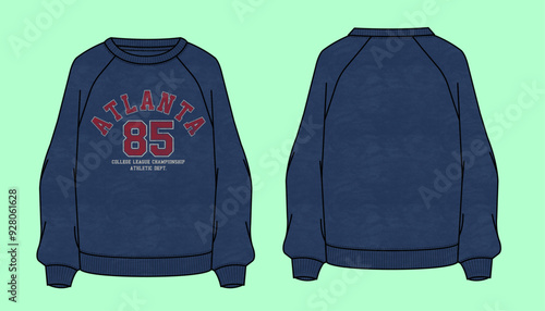 Varsity college league graphic Atlanta 85 Ladies oversized raglan sleeve acid wash winter terry fleece crew neck urban sweatshirt flat sketch outline vector fashion illustration template.