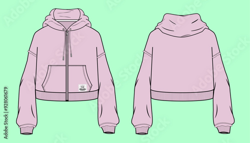 Ladies zip through winter terry fleece pink colour crop sweatshirt flat sketch outline vector fashion illustration template.