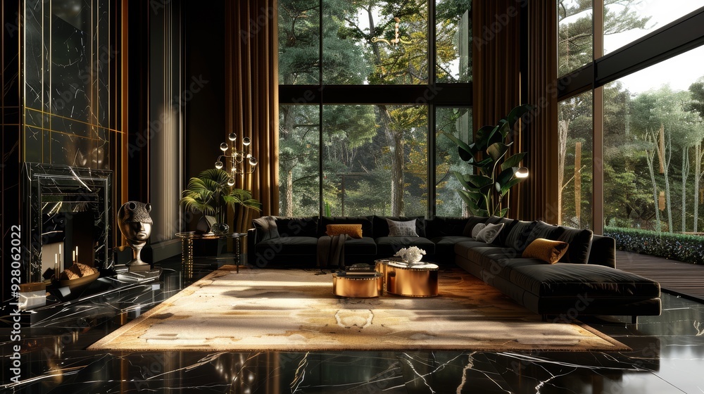 Fototapeta premium Luxurious Modern Living Room with Floor-to-Ceiling Windows Overlooking a Forested Landscape