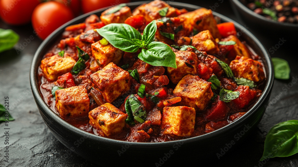 mapo tofu, showcasing the vibrant colors of the dish with a blank space on the side for text or design, inviting customization mapo tofu, showcasing the vibrant colors of the dish with a blank space on the side for text or design, inviting customization