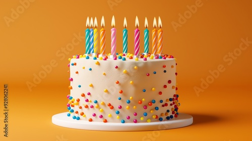 A birthday cake with colorful candles and sprinkles on an orange background.