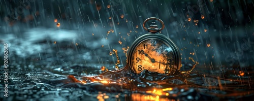 Antique Pocket Watch in Rain with Dramatic Lighting and Water Droplets Capturing the Passage of Time