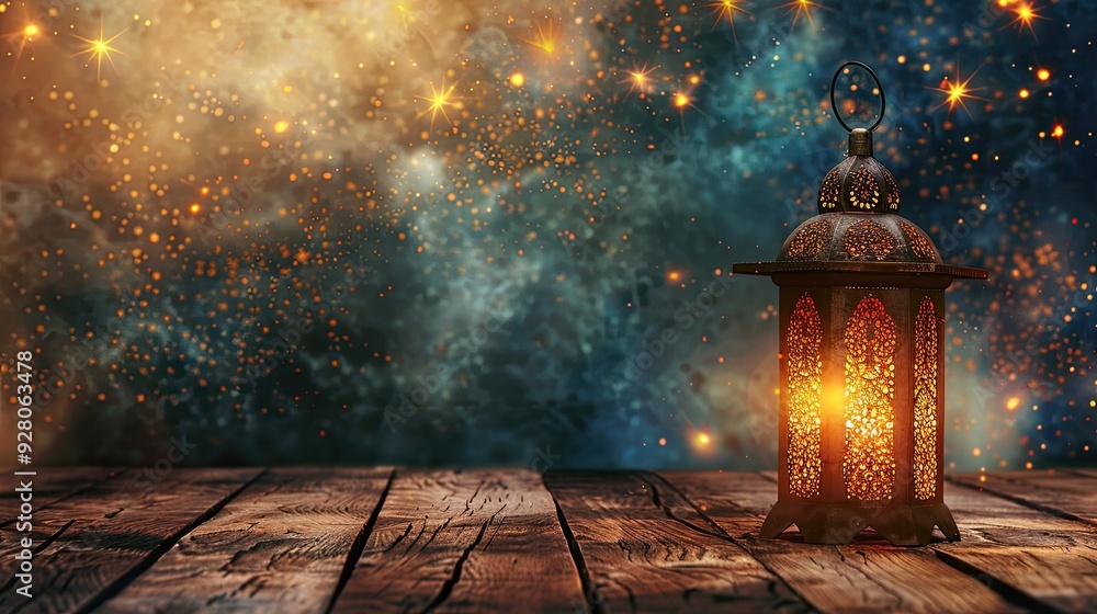 Ornate Lantern on Wooden Table with Sparkling Background Ornate Lantern on Wooden Table with Sparkling Background
