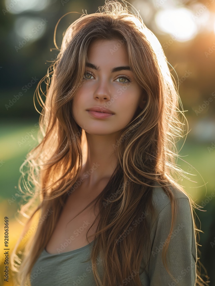 Young woman with long hair posing in a park at sunset Young woman with long hair posing in a park at sunset