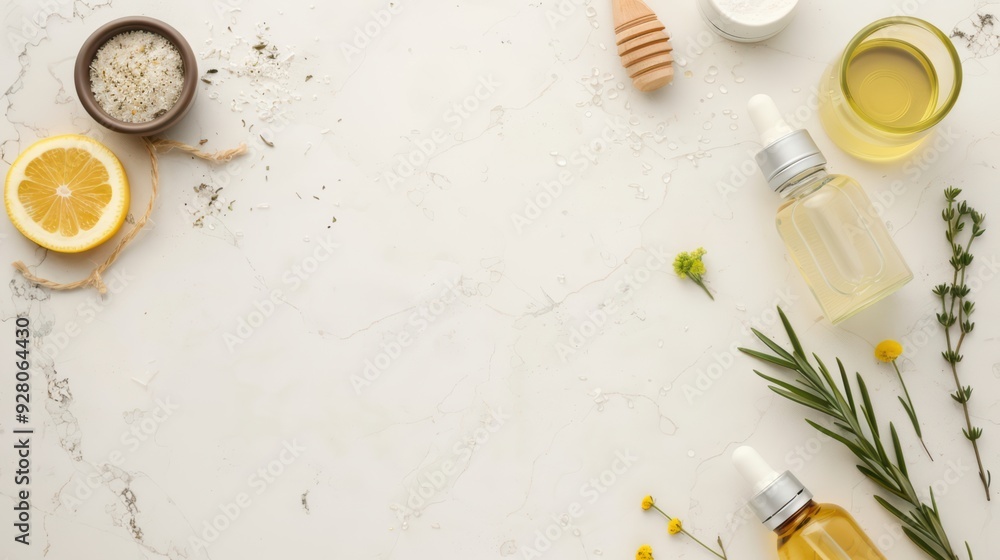 Natural Skincare Products on Marble Background with Essential Oils, Herbs, and Lemon Slice for Organic Beauty and Wellness Natural Skincare Products on Marble Background with Essential Oils, Herbs, and Lemon Slice for Organic Beauty and Wellness