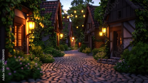 Charming Cobblestone Street with Quaint Houses and Warm Lanterns at Dusk in a Picturesque Village