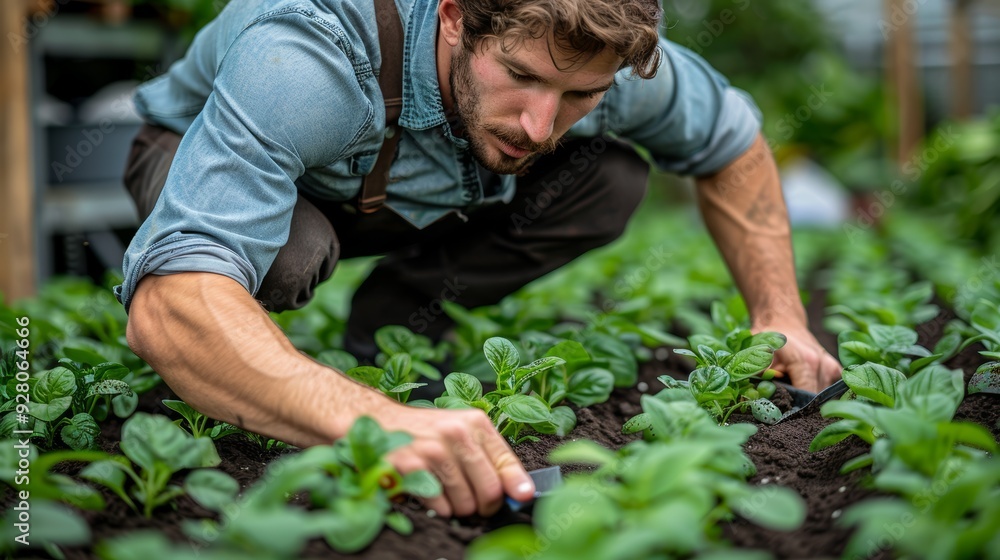 Young Male Farmer Tending to Organic Vegetable Garden in Greenhouse, Focused on Sustainable Agriculture Practices Young Male Farmer Tending to Organic Vegetable Garden in Greenhouse, Focused on Sustainable Agriculture Practices