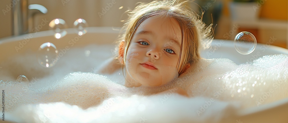 Little girl playing and blowing bubbles with soap in a foam-filled bathtub. tropical theme for a home spa Little girl playing and blowing bubbles with soap in a foam-filled bathtub. tropical theme for a home spa