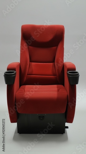 Comfortable Red Theater Seat with Cup Holders in Minimalist Setting for Cinema and Entertainment Venues