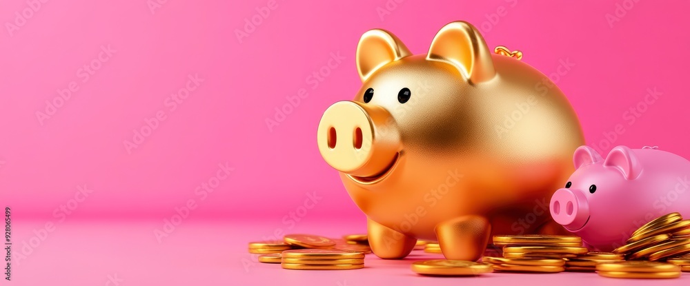 Golden Piggy Bank Stands Tall, Surrounded By Smaller Pink Piggy Banks, 3D Render Golden Piggy Bank Stands Tall, Surrounded By Smaller Pink Piggy Banks, 3D Render