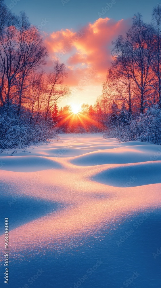 Naklejka premium Winter sunrise, snow-covered fields, flat design illustration