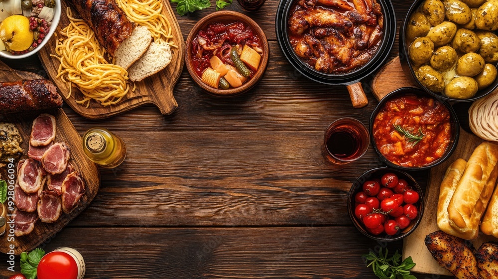 Top view of a European festival featuring traditional foods and drinks, surrounded by decorations, space for copy. Top view of a European festival featuring traditional foods and drinks, surrounded by decorations, space for copy.