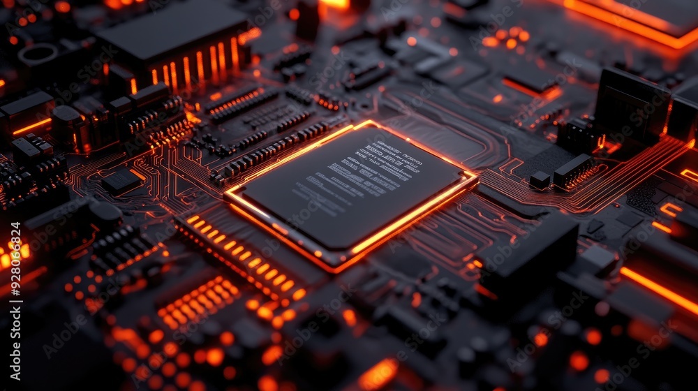 A close-up of a glowing red circuit board with a processor in the center. A close-up of a glowing red circuit board with a processor in the center.