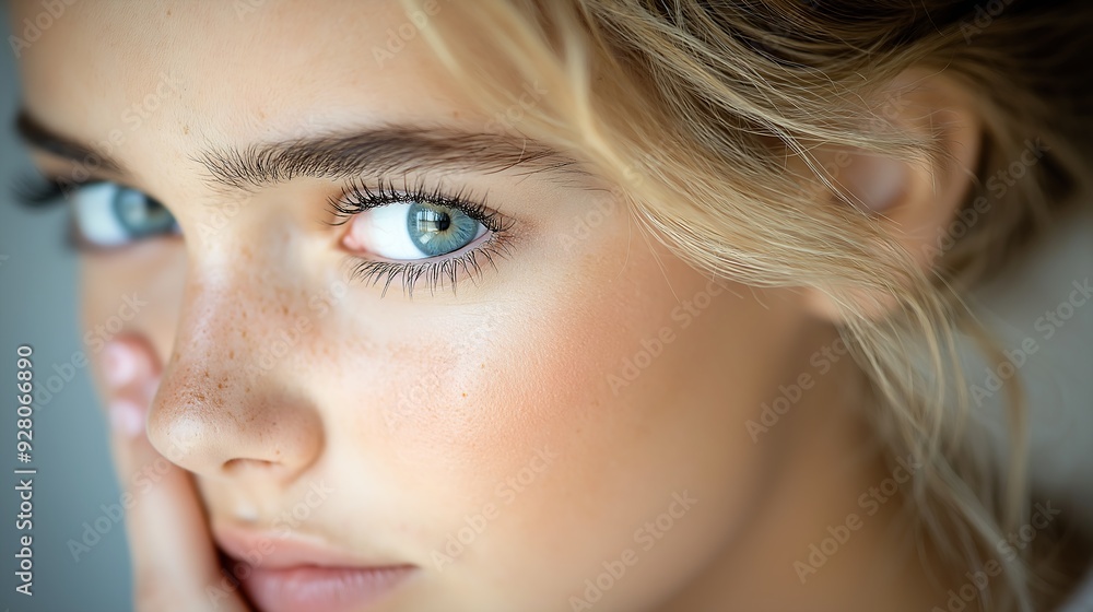 Obraz premium blond woman blue eyes freckled hair looking professional closeup face girl love away viewer centered nose aquiline full focus