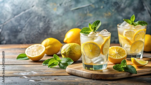 Refreshing summer cocktail with freshly squeezed lemons and ice cubes, lemons, summer, beverage, drink, cocktail, citrus