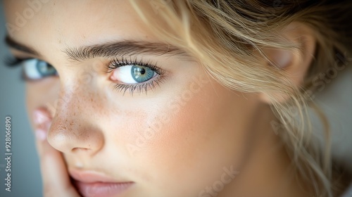 blond woman blue eyes freckled hair looking professional closeup face girl love away viewer centered nose aquiline full focus