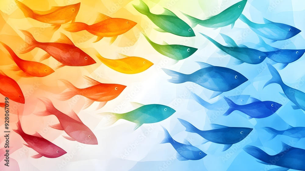 Shoal of fish shimmering under sunlight, moving in synchronized waves, their scales reflecting a rainbow of colors in watercolor style Shoal of fish shimmering under sunlight, moving in synchronized waves, their scales reflecting a rainbow of colors in watercolor style