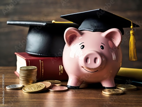 Piggy bank with coins and black graduation cap as a symbol of education loan